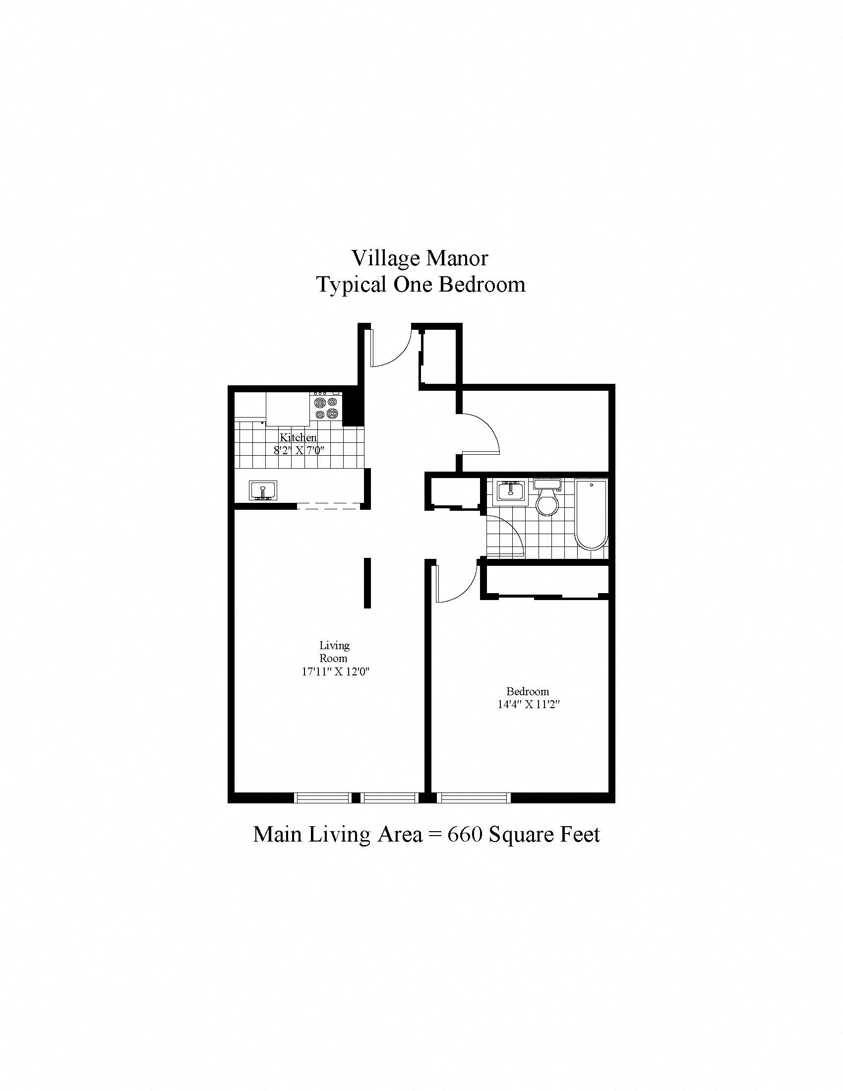 Floor plan for 1 bed, 1 bath, 660 sqft